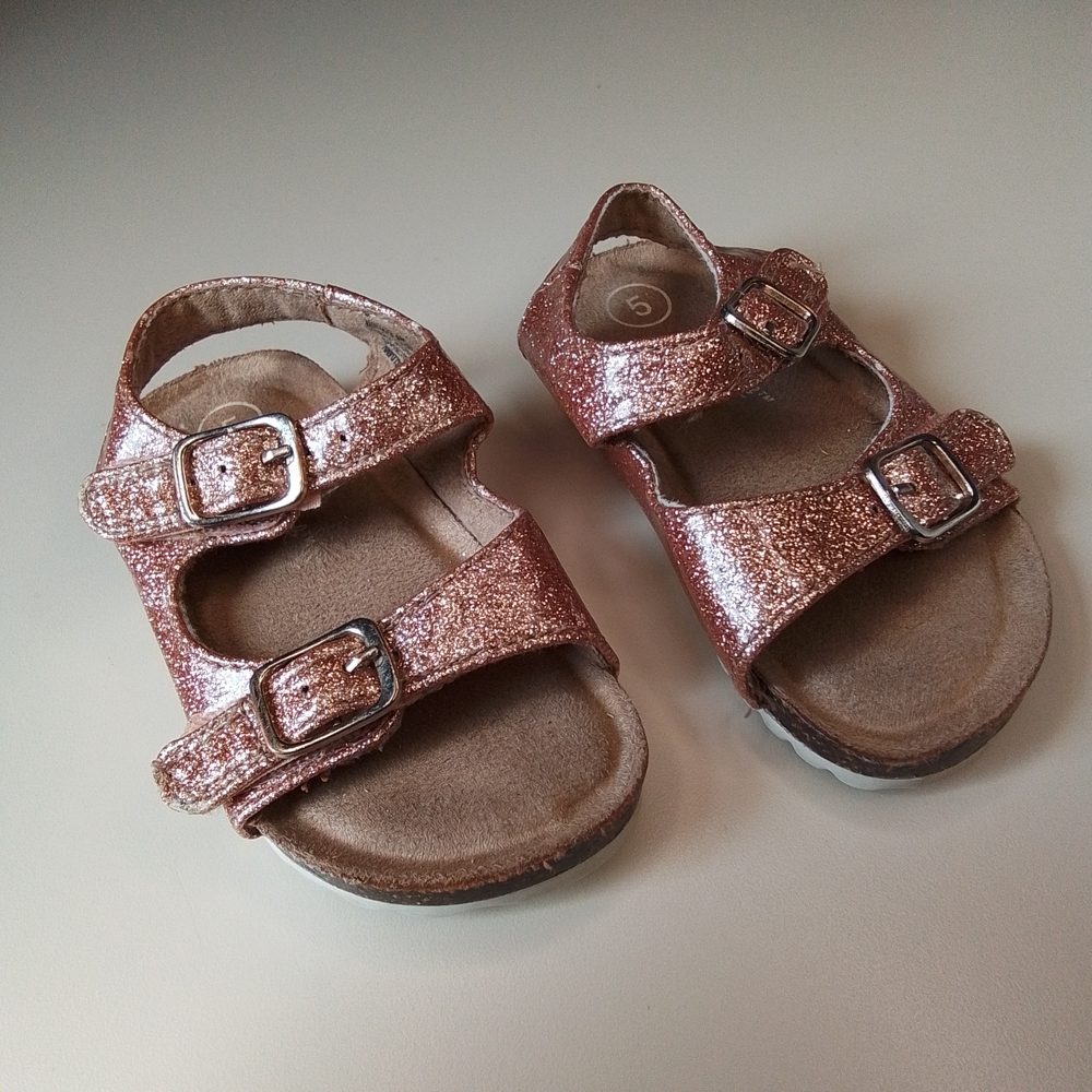 Cat & Jack Kids Girls Size 5 Sandal Rose Gold Glitter Hook & Loop Buckle Straps
